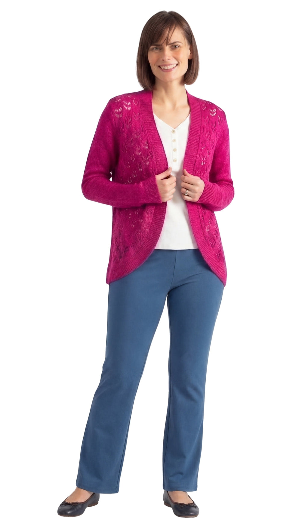 Women's Open Front Curved Hem Pointelle Shrug in Soft Acrylic