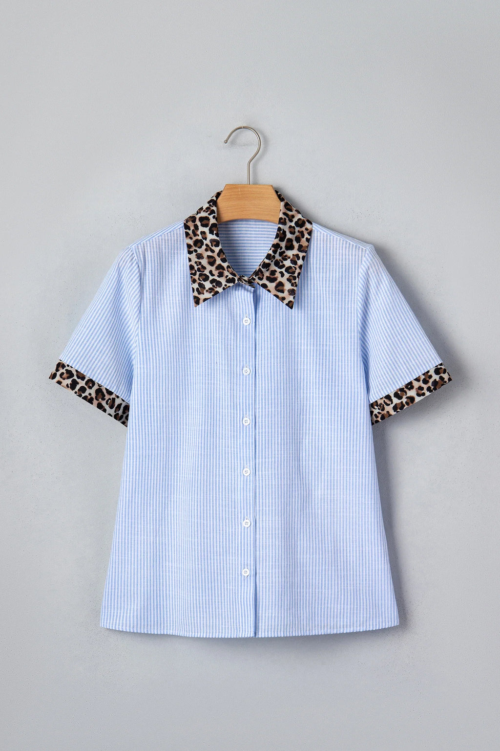 Stripe Leopard Contrast Collar Short Sleeve Shirt