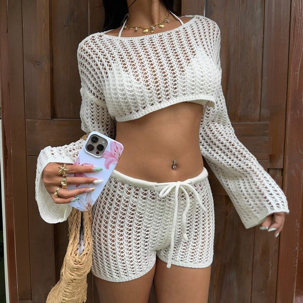 Solid Color Knit Beach Bikini Sun Proof Set